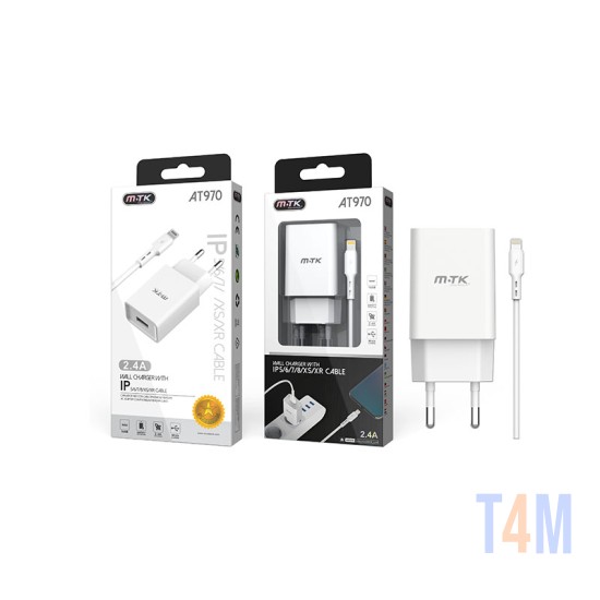 ADAPTADOR DE CARREGAMENTO COM IPHONE CABO 2.4A MTK BRANCO